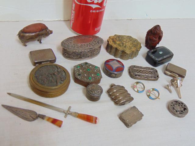 Collection of small boxes, silver, enameled, bronze, paper Mache, also includes carved Buddha, pig: Collection of small boxes, silver, enameled, bronze, paper Mache, also includes carved Buddha, pig pin cushion, pair enameled earrings, small perfume funnels, interesting lot, see images for more deta