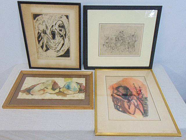 Art lot, watercolors, woodblock, etching, includes 4 pieces, "Judgement", signed C.N. Kerry (?),: Art lot, watercolors, woodblock, etching, includes 4 pieces, "Judgement", signed C.N. Kerry (?), woodblock print figure, illegibly signed, dated 1958; Watercolor, two toddlers, by Barbara Miller & wat