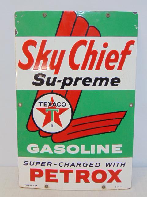 Sky Chief gasoline enameled sign, Texaco, Sky Chief Su-preme, 3-10-61, single sided, minor chips on: Sky Chief gasoline enameled sign, Texaco, Sky Chief Su-preme, 3-10-61, single sided, minor chips on edge, sign is 18" by 12"