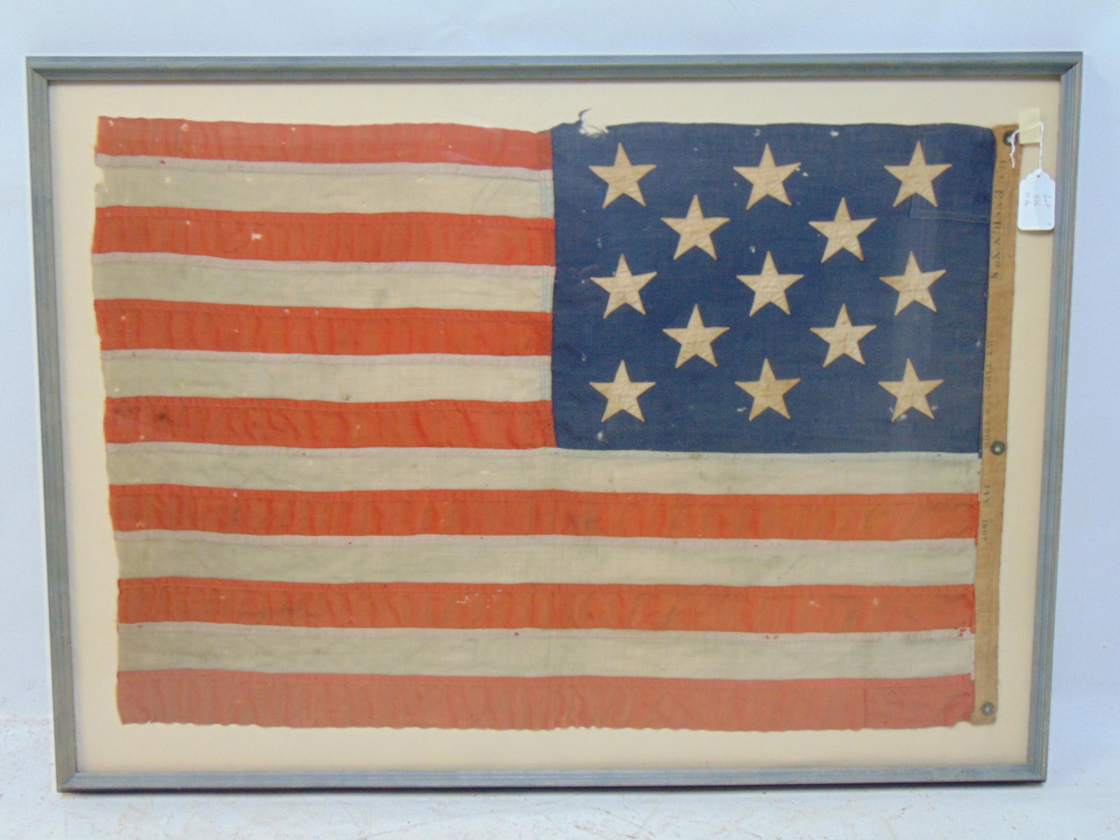 13 star United States flag, Navy Yard, New York, Jan 1907, US Ensign # 8, flag framed, some old: 13 star United States flag, Navy Yard, New York, Jan 1907, US Ensign # 8, flag framed, some old repairs, minor tears, holes, flag is 29" by 42"