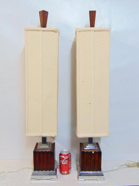 Pair faux wood & chrome table lamps with linen shades, contemporary design, lamps are 33" tall.: Pair faux wood & chrome table lamps with linen shades, contemporary design, lamps are 33" tall.