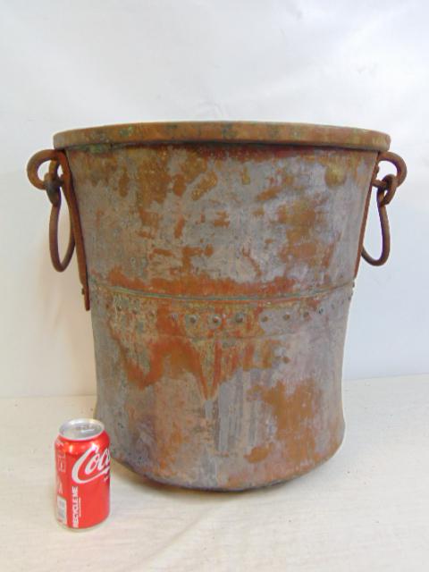 Large copper pot with iron handles, zinc interior, pot is 19.25" tall, diameter is 18.5": Large copper pot with iron handles, zinc interior, pot is 19.25" tall, diameter is 18.5"