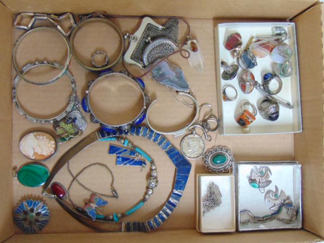 Jewelry. Large lot of sterling jewelry, including various rings with stone, enameled necklace,: Jewelry. Large lot of sterling jewelry, including various rings with stone, enameled necklace, bracelets, small purse, cameo brooch, malachite pendant, lapis pcs, Peruvian earrings & more