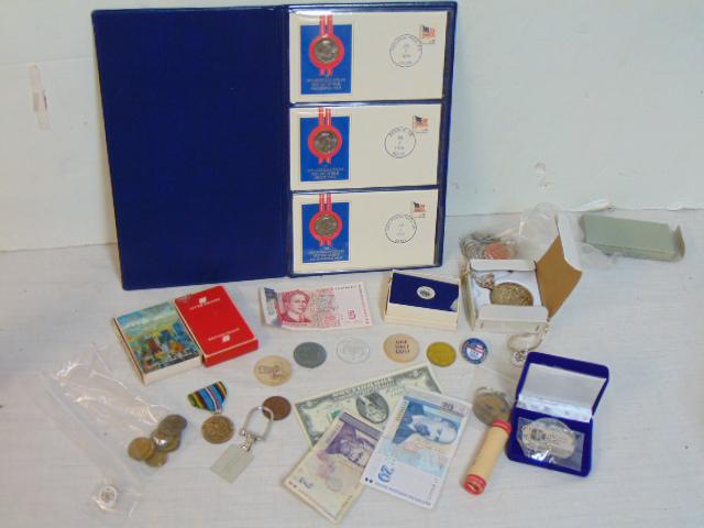 Misc. currency lot, New American Dollar first day of issue covers, large Pewter medals, "National: Misc. currency lot, New American Dollar first day of issue covers, large Pewter medals, "National Bicentennial Medal" & "Sovereign Nation of the Osage", also includes $2 bill, Liberty watch, roll of p