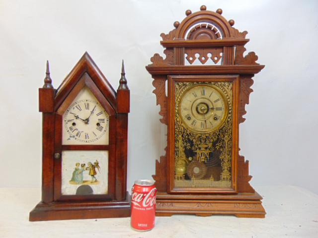 2 mantle clock, Waterbury Steeple clock & Set Thomas Eclipse, 8 day four strike mantle clock with: 2 mantle clock, Waterbury Steeple clock & Set Thomas Eclipse, 8 day four strike mantle clock with gilt decorated glass door, glass in steeple clock missing over dial.