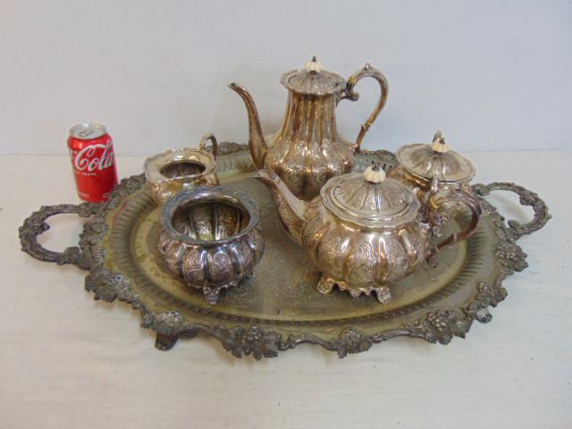 Large silver plated tea set, Sheffield, England, serving tray, tea & coffee pots, covered bowl, open: Large silver plated tea set, Sheffield, England, serving tray, tea & coffee pots, covered bowl, open bowl & creamer.