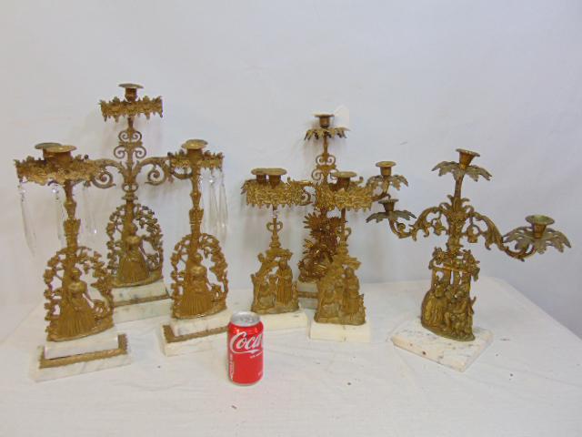 Brass girandole lot, includes 3 pieces set, pair & two single candelabra, some crystals included,: Brass girandole lot, includes 3 pieces set, pair & two single candelabra, some crystals included, sold as found, need restoration.