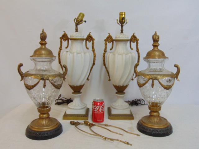 Pair cut glass bronze mounted urns & pair carved white marble bronze mounted lamp bases, cut glass: Pair cut glass bronze mounted urns & pair carved white marble bronze mounted lamp bases, cut glass urns, with lids are 18.5" tall, lamps are 19" tall excluding (as is) sockets.