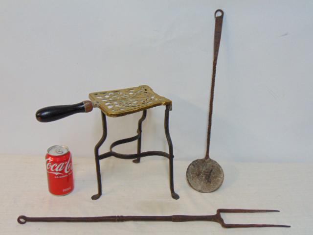 Antique 1800's Georgian Pierced Brass Hearth Fireplace Trivet on Iron Legs & handwrought fireplace: Antique 1800's Georgian Pierced Brass Hearth Fireplace Trivet on Iron Legs & handwrought fireplace fork and spoon, trivet is 10.25" tall.