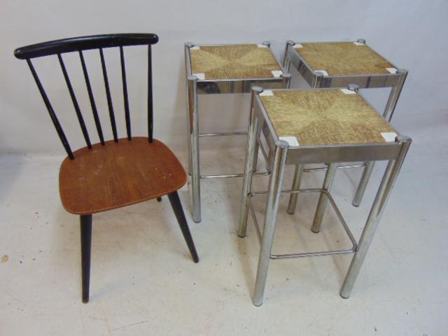 3 chrome rush seat bar stools & Farstrup single Danish side chair in black paint, one spindle is: 3 chrome rush seat bar stools & Farstrup single Danish side chair in black paint, one spindle is broken at the top.