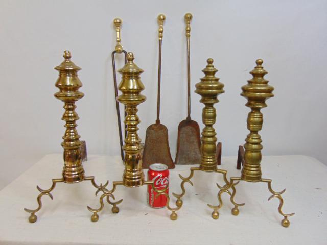 2 pair brass andirons plus tools, 2 pair Chippendale andirons, on pair is polished, 17.75" tall &: 2 pair brass andirons plus tools, 2 pair Chippendale andirons, on pair is polished, 17.75" tall & 17.25" tall