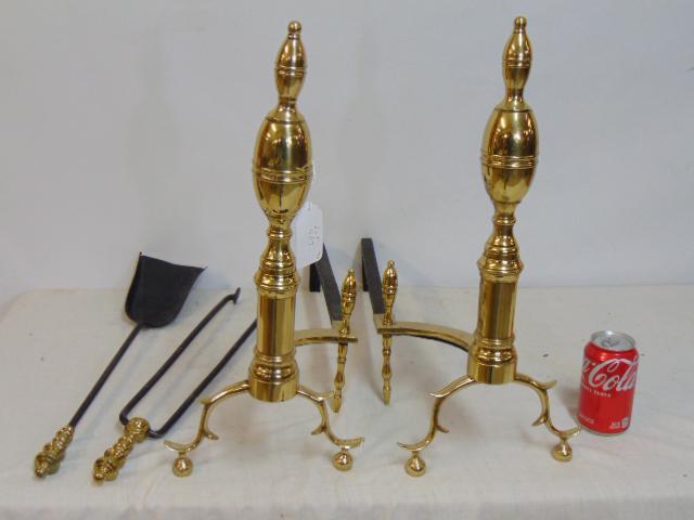 Pair brass andirons & 2 fireplace tools, polished brass, Chippendale style, one is loose.: Pair brass andirons & 2 fireplace tools, polished brass, Chippendale style, one is loose.