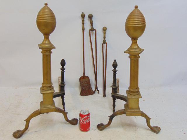 Pair large brass andirons & fireplace tools, oversized brass claw feet andirons with lemon top: Pair large brass andirons & fireplace tools, oversized brass claw feet andirons with lemon top finials, height is 28", patina worn, andirons are loose, need restoration.