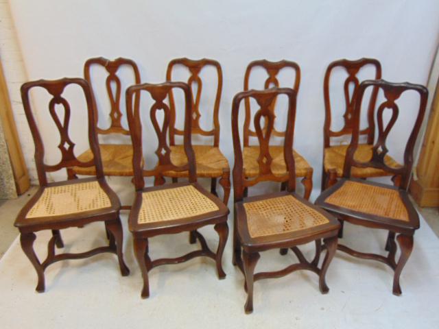 Mixed set 8 Italian dining chairs with caned & rushed seats, 4 caned chairs are marked "Made in: Mixed set 8 Italian dining chairs with caned & rushed seats, 4 caned chairs are marked "Made in Italy for B. Altman, New York", set 4 caned, & 4 rush, small differences, caning on one chair damaged