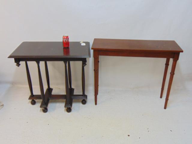2 console tables, standard & stretcher base, not antiques.: 2 console tables, standard & stretcher base, not antiques.