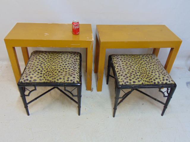 2 pair tables, stools, pair faux bamboo base stools with leopard pattern seats & pair small painted: 2 pair tables, stools, pair faux bamboo base stools with leopard pattern seats & pair small painted console tables (paint peeling), stools are 20" by 20", height is 17", some breaks, repairs to decora