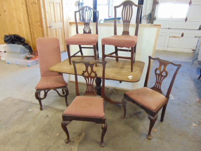 Table & 5 misc. antique chairs, including one pair, table has Duncan Phyfe style base, top is 56.5": Table & 5 misc. antique chairs, including one pair, table has Duncan Phyfe style base, top is 56.5" by 36", all need restoration, sold as found.