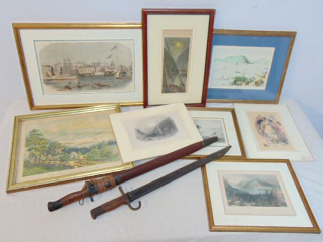 Hudson river print collection & 2 bayonets, includes "The Catskill Mountains" by Currier, "View of: Hudson river print collection & 2 bayonets, includes "The Catskill Mountains" by Currier, "View of the Fulton Ferry Buildings, Brooklyn, Long Island", "The Palisades on the Hudson", "View from Peekski