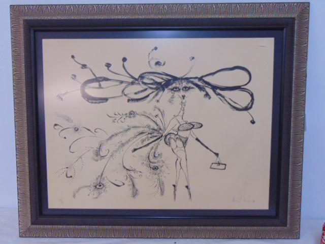 Lithograph, Ronald Searle, figure with feathers, bag, signed, dated 1966, edition 14/50, 19" by 25": Lithograph, Ronald Searle, figure with feathers, bag, signed, dated 1966, edition 14/50, 19" by 25" (art only)