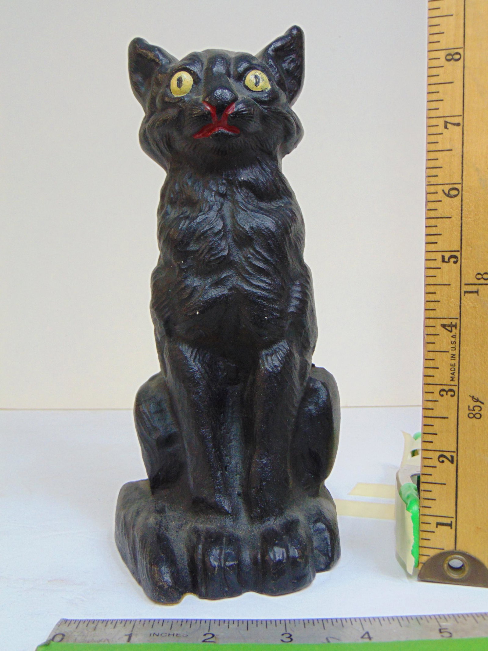 Cast iron Cat doorstop, black cat with yellow eyes, height is 9 3/8" (1 of 5)