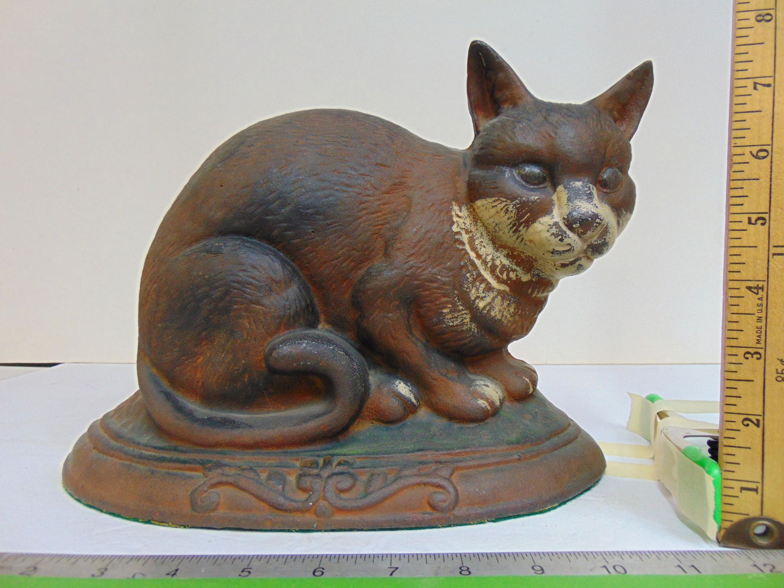 Large cast iron Cat doorstop, black brown with white face, 11.5" wide, height is 8.75" (1 of 4)