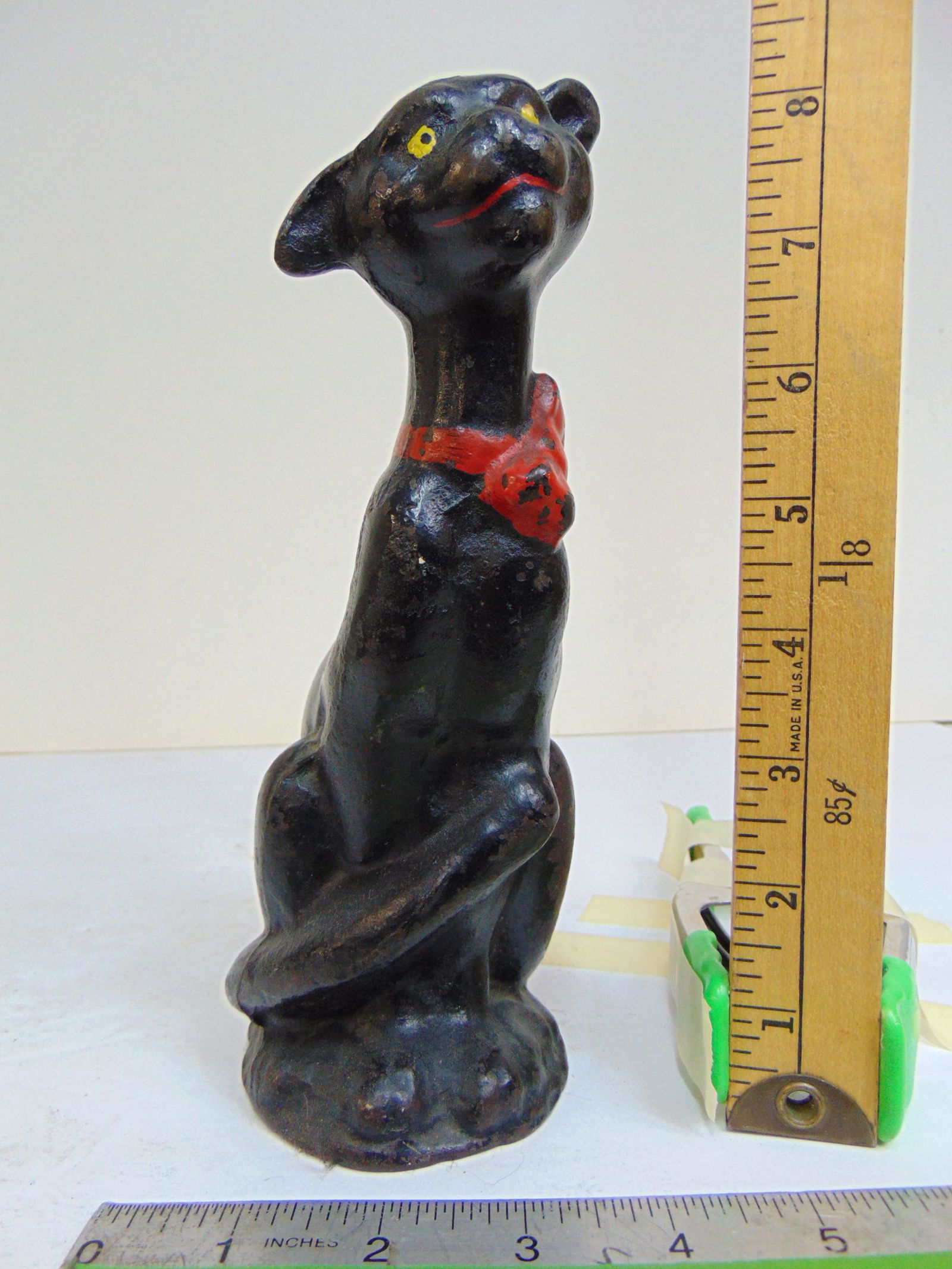 Cast iron Cat doorstop, solid, black cat with red collar, height is 8.5" (1 of 4)
