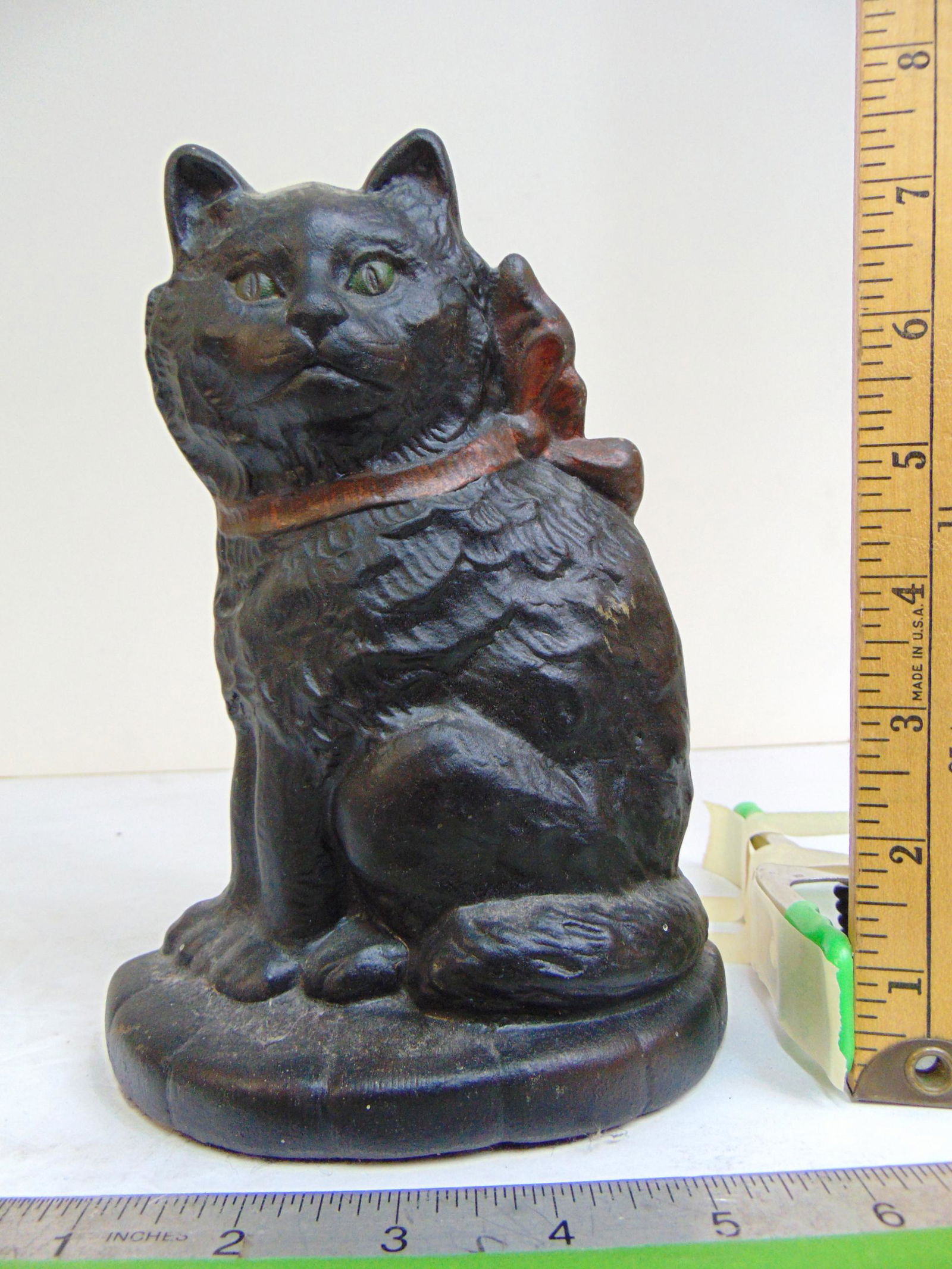 Cast iron Cat doorstop, Angora Cat, 1929 copyright, black cat with red collar, height is 7 7/8" (1 of 5)