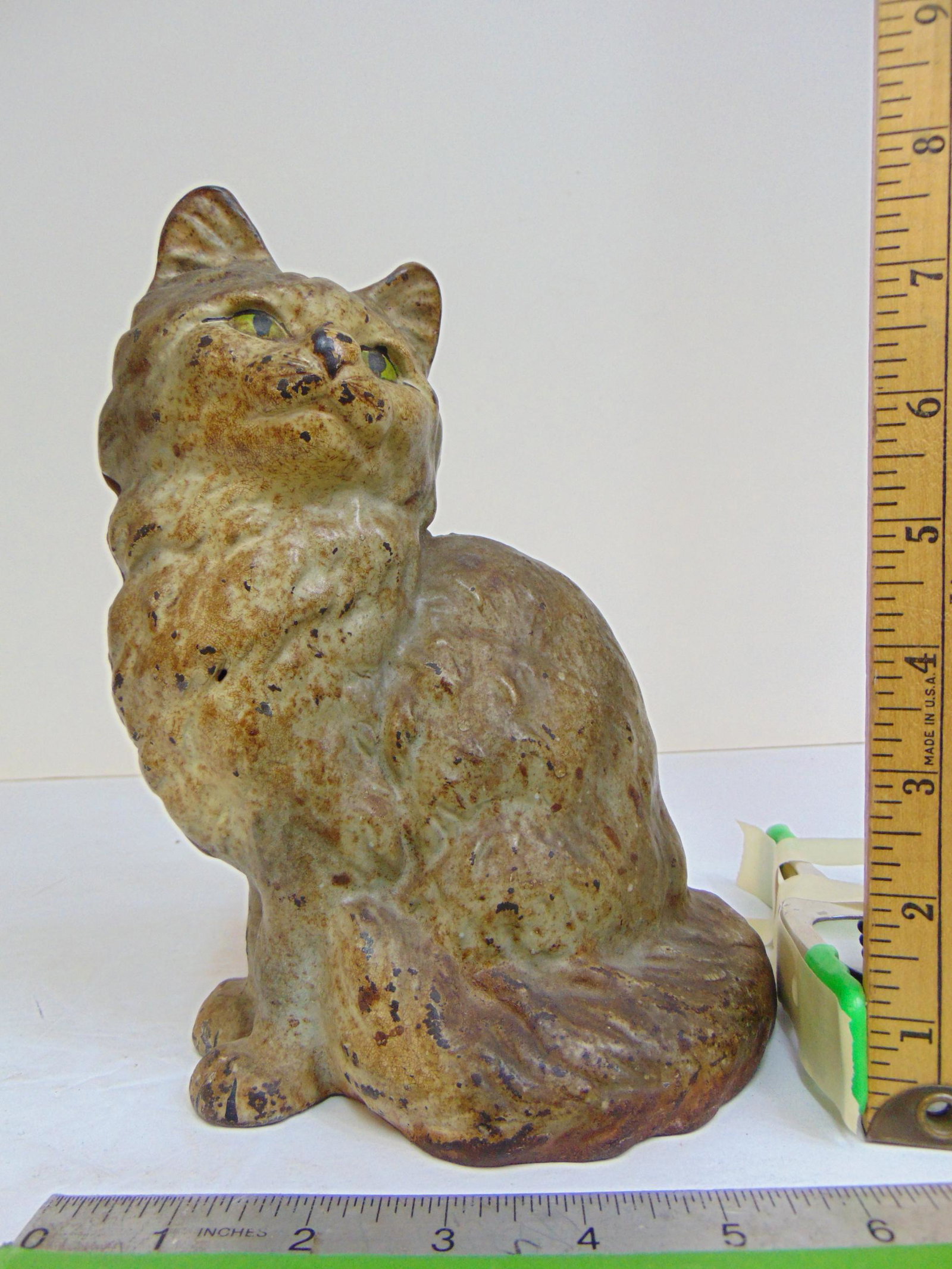 Cast iron doorstop, seated Cat, in light grey, white paint, height is 8.5" (1 of 5)