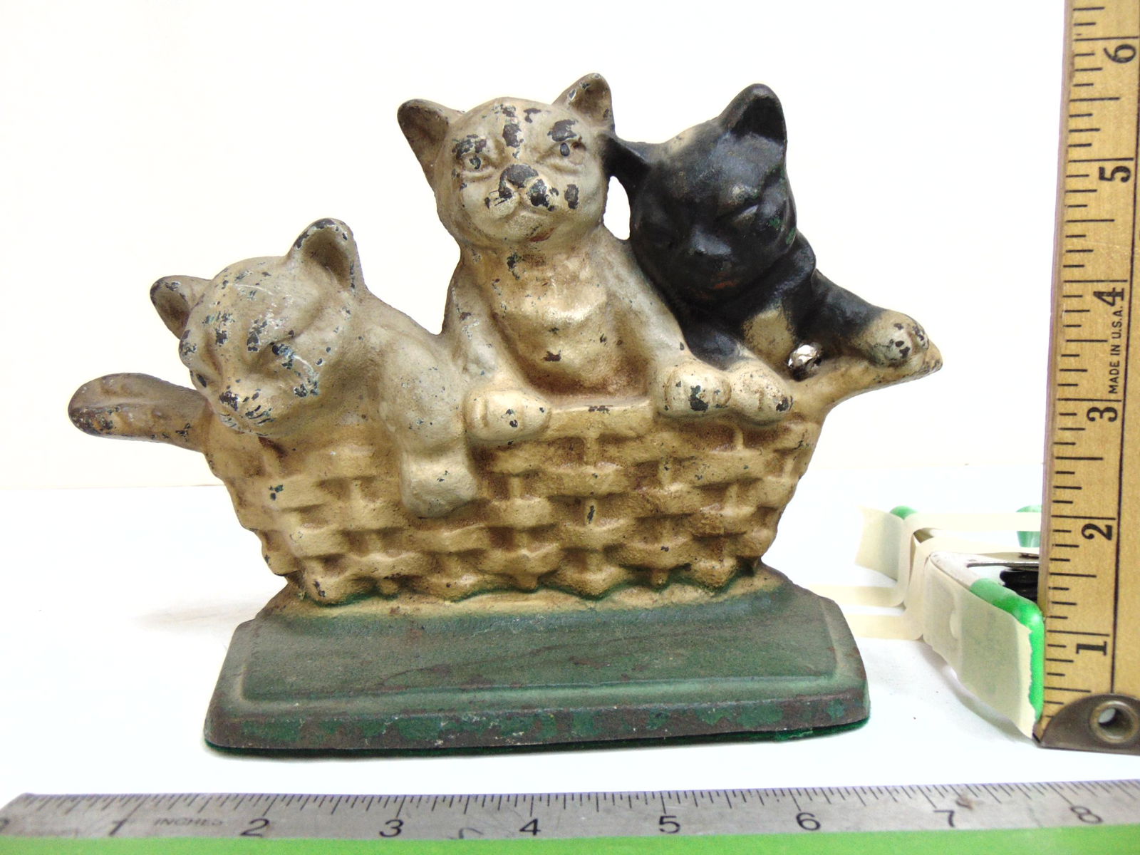 Cast iron doorstop, 3 kittens in a basket, original paint, base is 7.25" wide, height is 6 5/8" (1 of 4)
