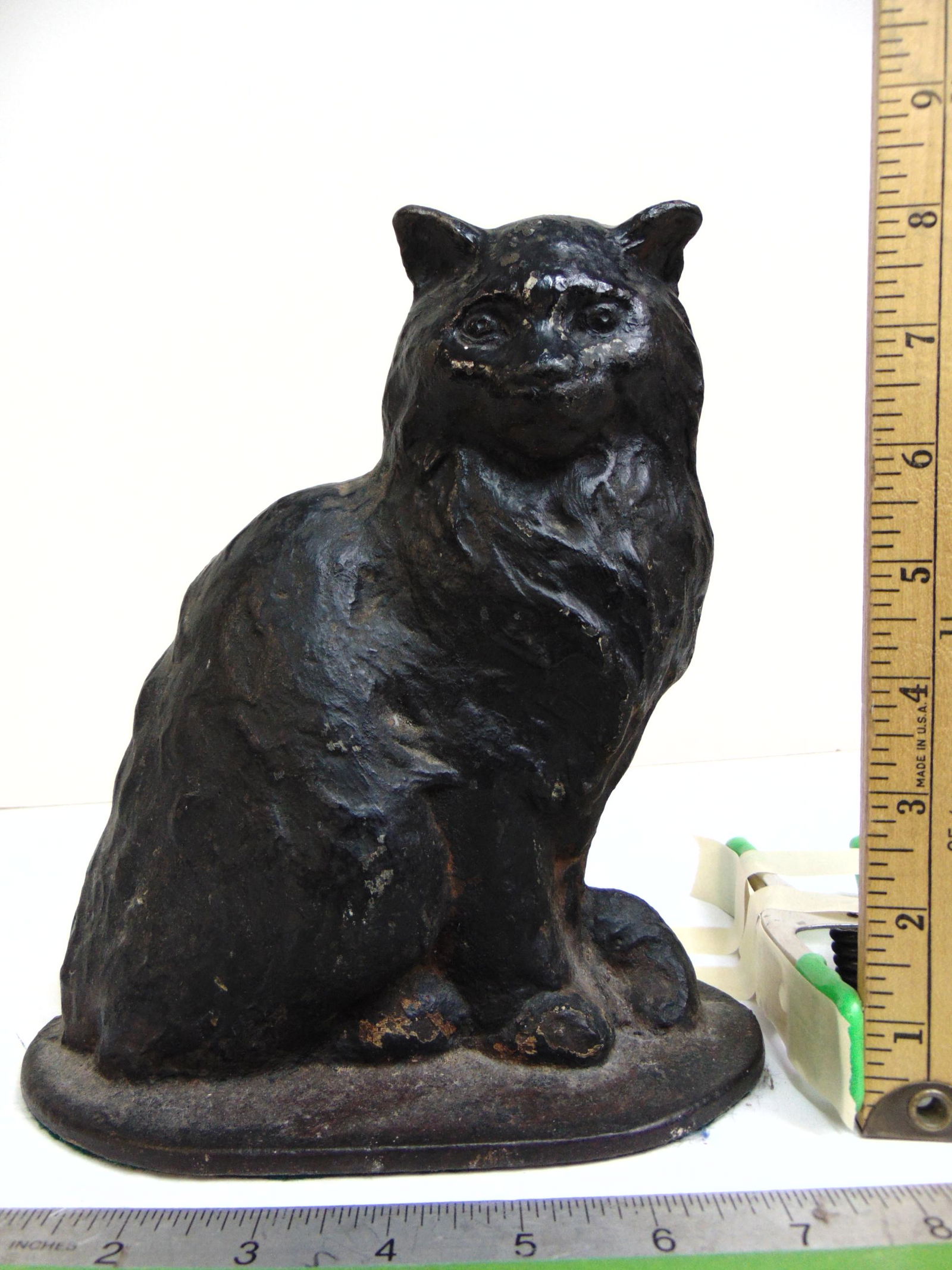 Cast iron Cat doorstop in black paint, 8 5/8" base width, height is 8 7/8" (1 of 4)