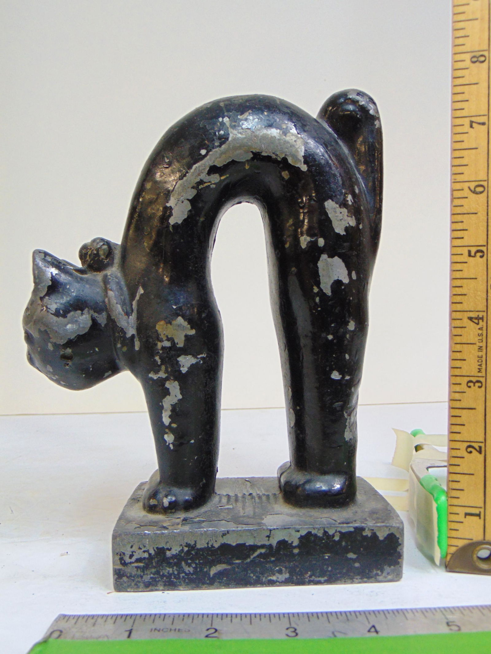 Cast aluminum (?) Cat doorstop, black cat with arched back, paint is chipping, height is 7.75" (1 of 5)