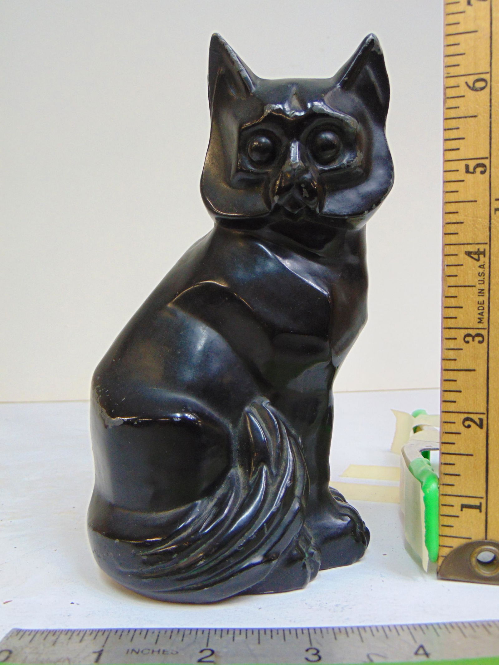 Cast aluminum cat doorstop, signed M.W. 1929, angled lines, in black paint, height is 6.75" (1 of 4)