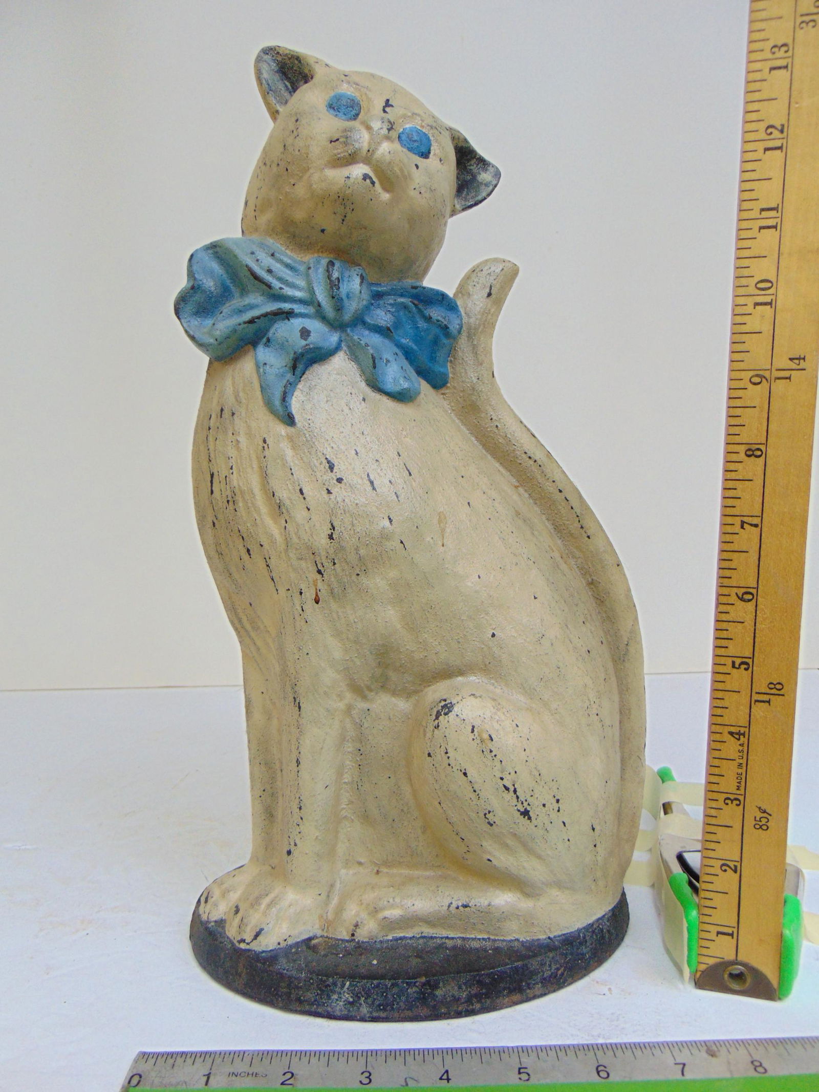 Cast iron Cat doorstop, white cat with blue ribbon collar, height is 14.5": Cast iron Cat doorstop, white cat with blue ribbon collar, height is 14.5"