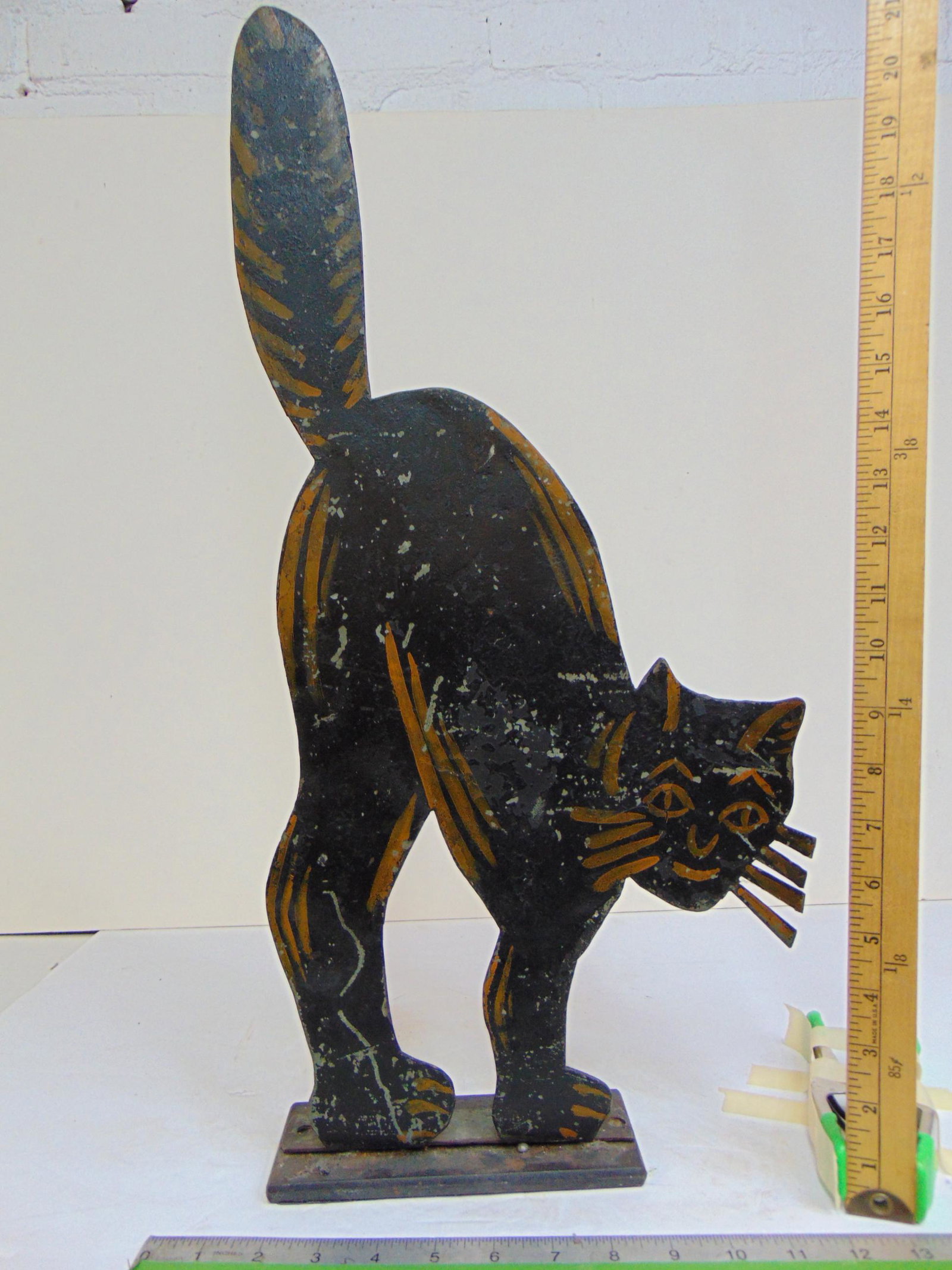Large sheet metal (?) Cat doorstop, paint decorated, cat is 23" tall, painted on both sides. (1 of 5)