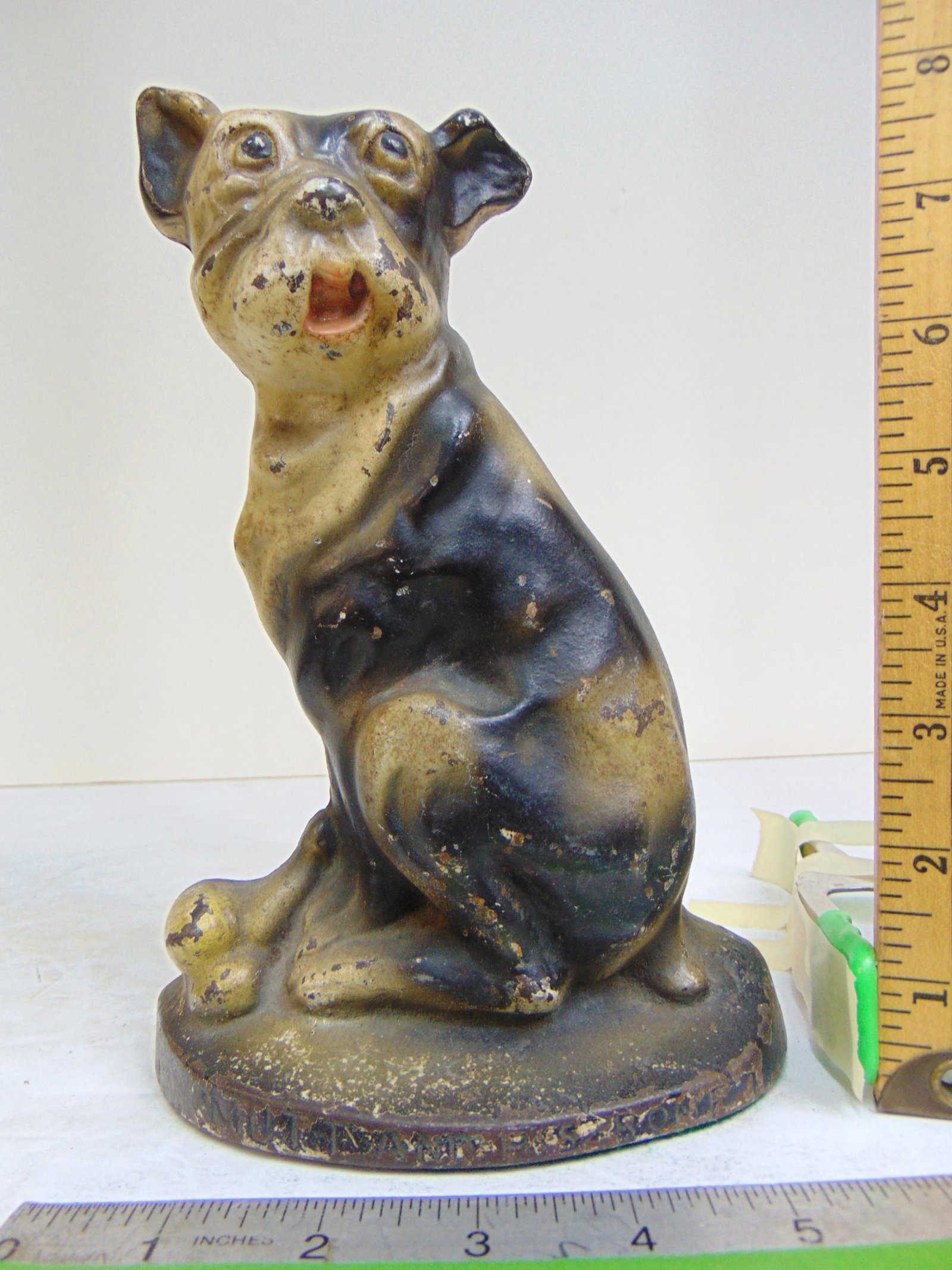 Cast iron Dog doorstop, "Mutt and His Bone" original paint, height is 8.5": Cast iron Dog doorstop, "Mutt and His Bone" original paint, height is 8.5"