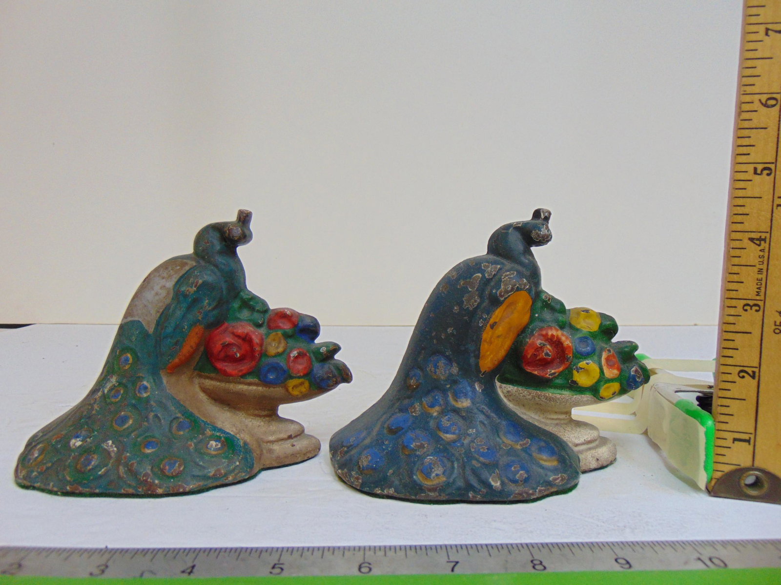 Pair cast iron peacock on flower planter bookends, width is 5 1/8", height is 4.5": Pair cast iron peacock on flower planter bookends, width is 5 1/8", height is 4.5"