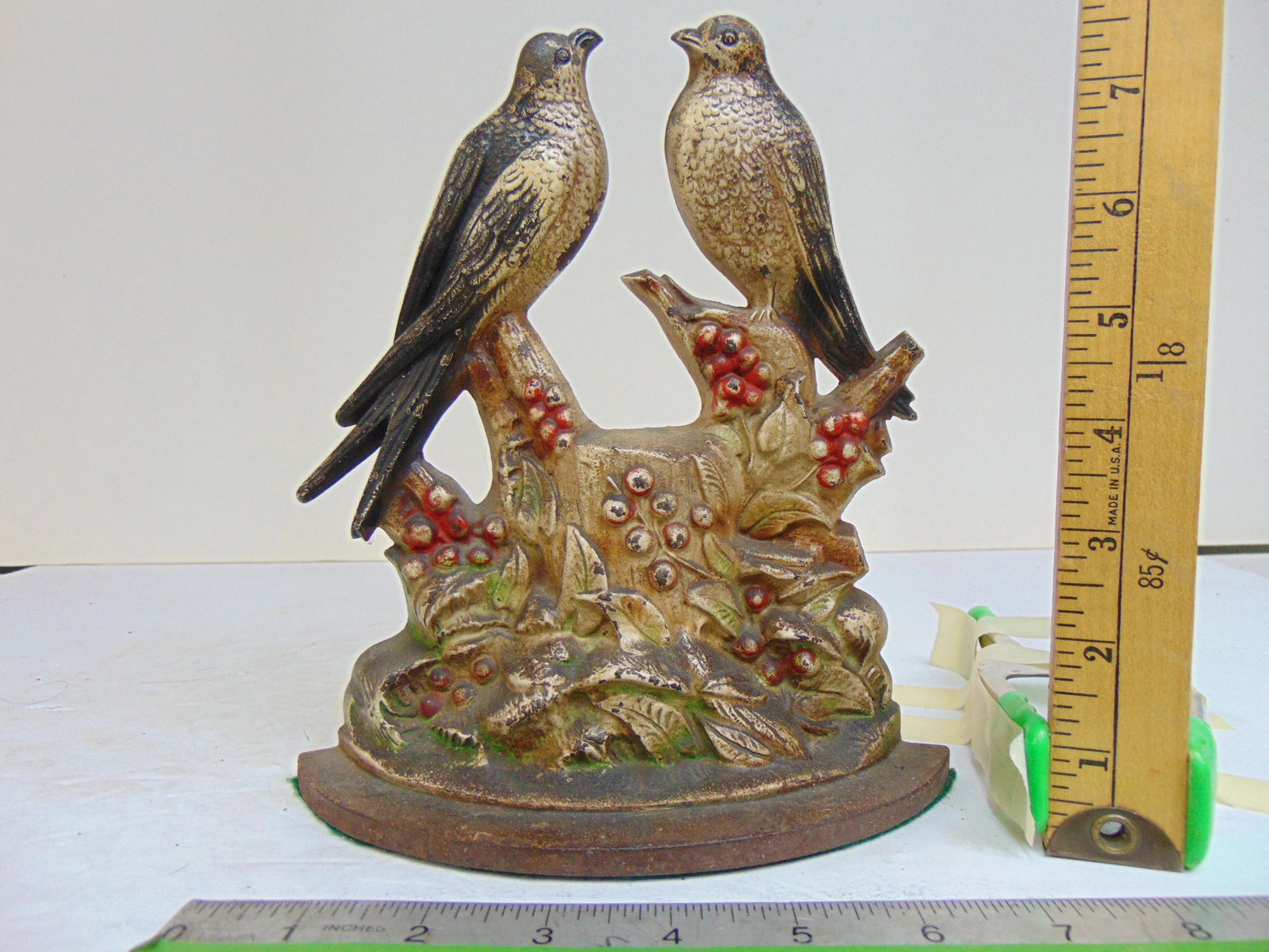 Cast iron doorstop, two birds on berry bush decorated base, height is 8.5" (1 of 4)