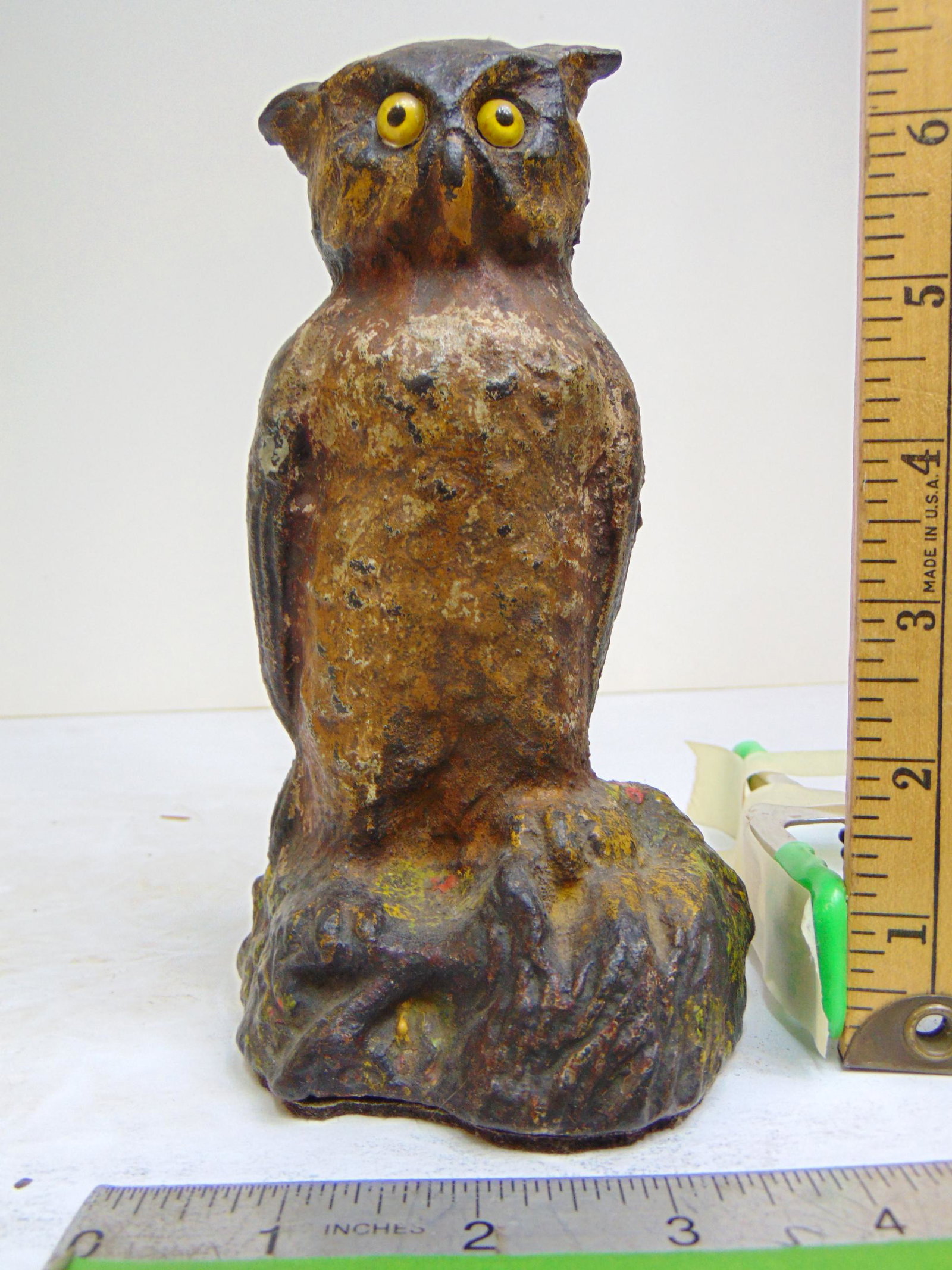 Cast iron owl doorstop, glass eyes, old paint, height is 7" (1 of 5)