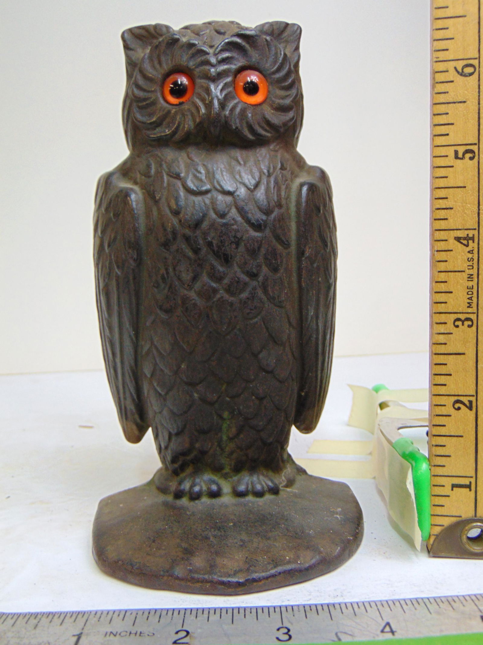 Cast iron owl doorstop, signed illegibly, with glass eyes, height is 7.25" (1 of 6)