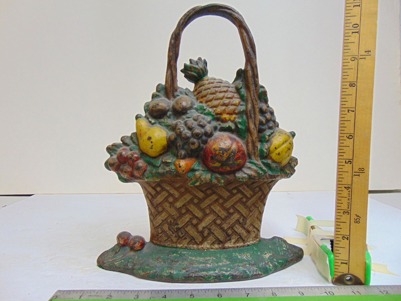 Cast iron fruit basket doorstop, pineapple, pears, grapes, with handle, height is 11.75" (1 of 5)