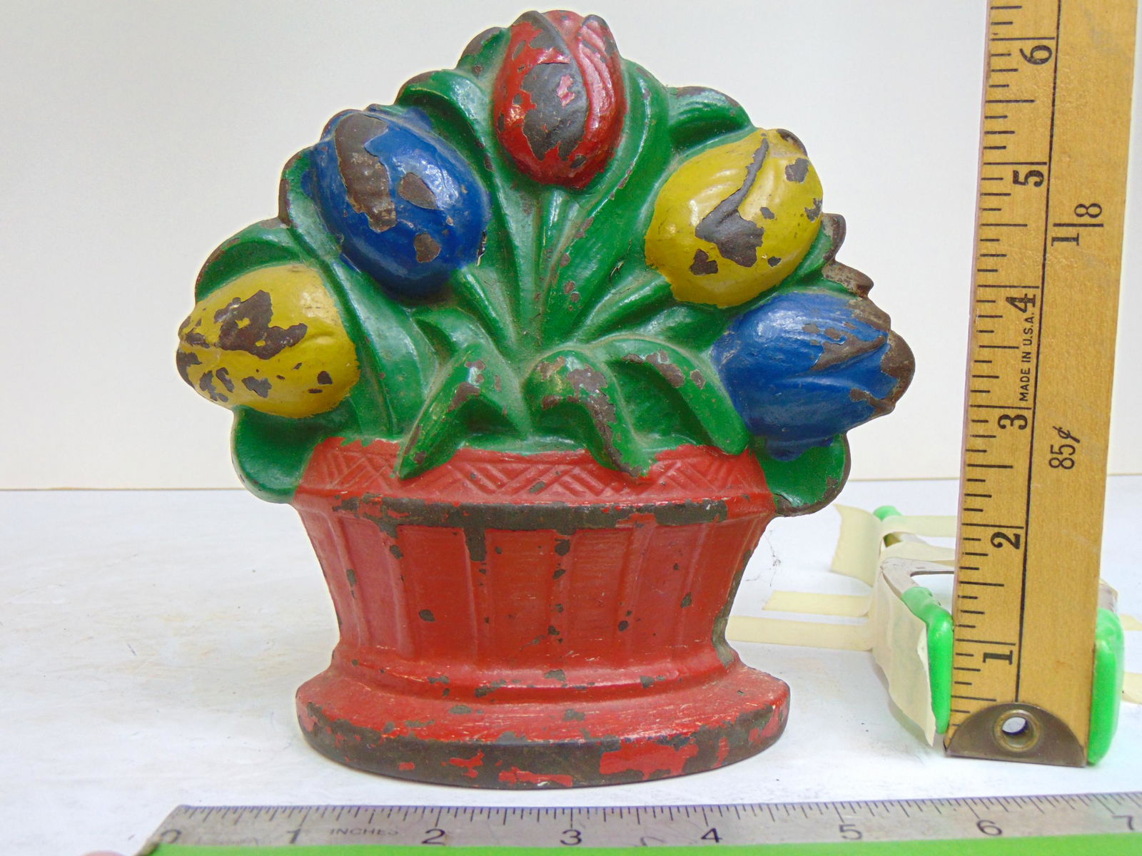 Cast iron flower basket doorstop, tulips, marked on back, "Tulips, copr 1929", height is 6.5" (1 of 5)