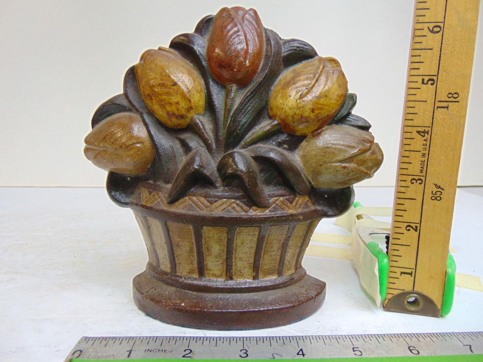 Cast iron flower basket doorstop, tulips, marked on back, "Tulips, copr 1929", height is 6.5" (1 of 5)