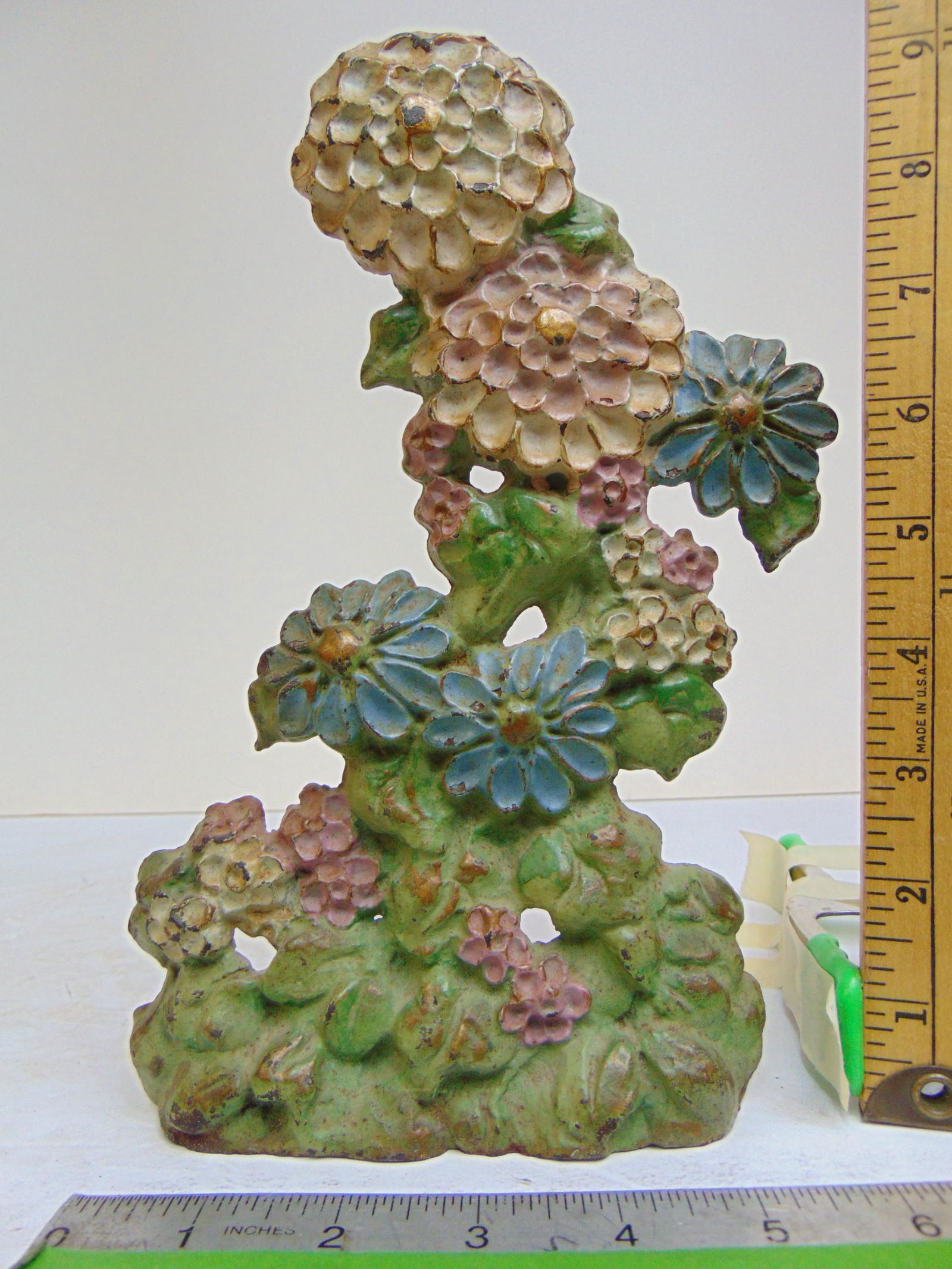 Cast iron floral doorstop, hydrangea, signed, Pat appld for, height is 9 3/8" (1 of 6)