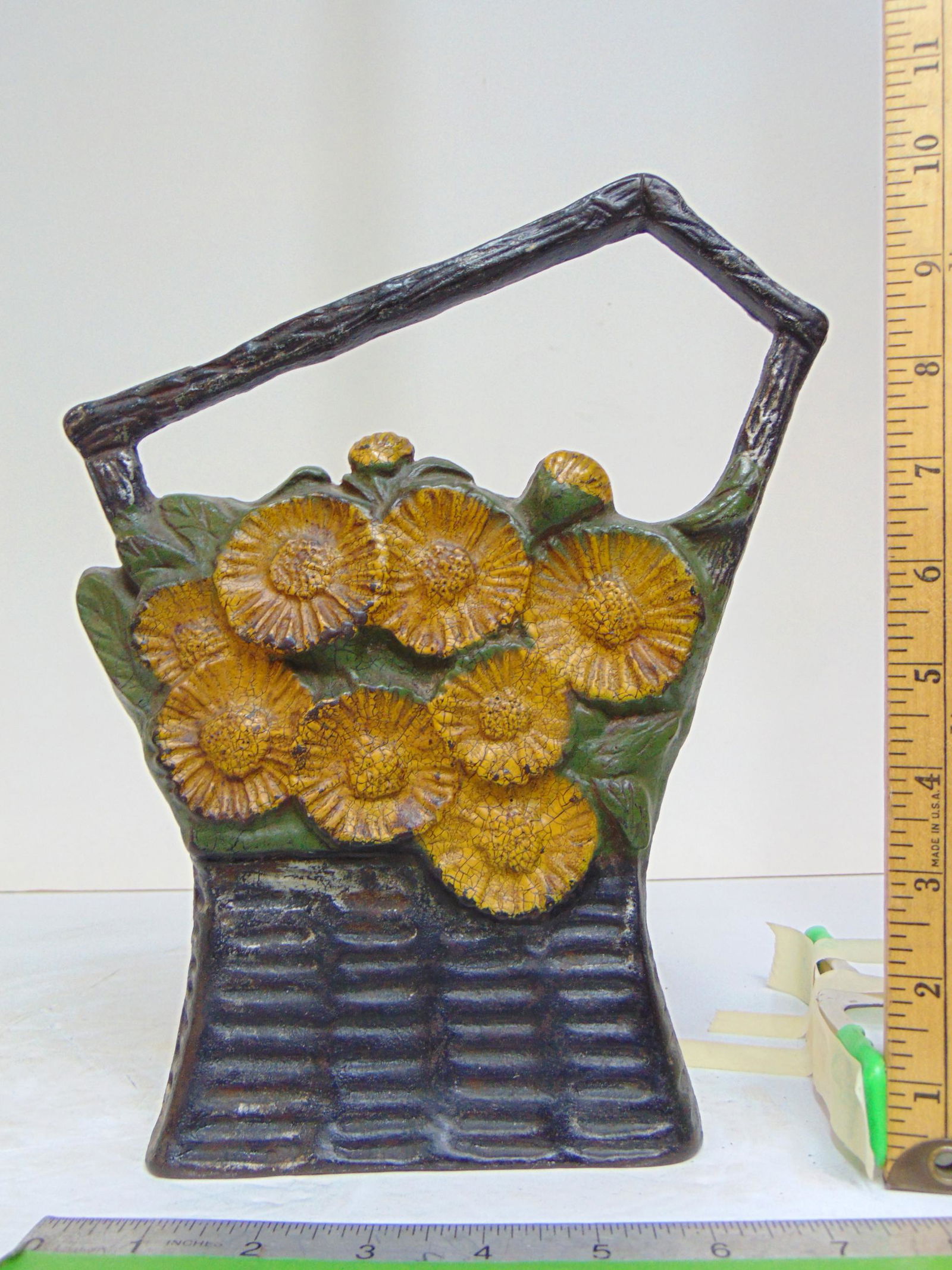 C.H.F. Co cast iron flower basket doorstop, sunflowers in basket, height is 10 3/8" (1 of 6)