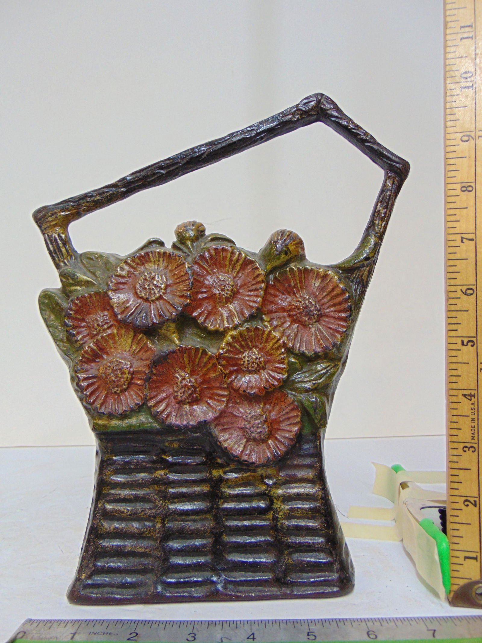 C.H.F. Co cast iron flower basket doorstop, # E110, flowers in basket, height is 10.5" (1 of 5)