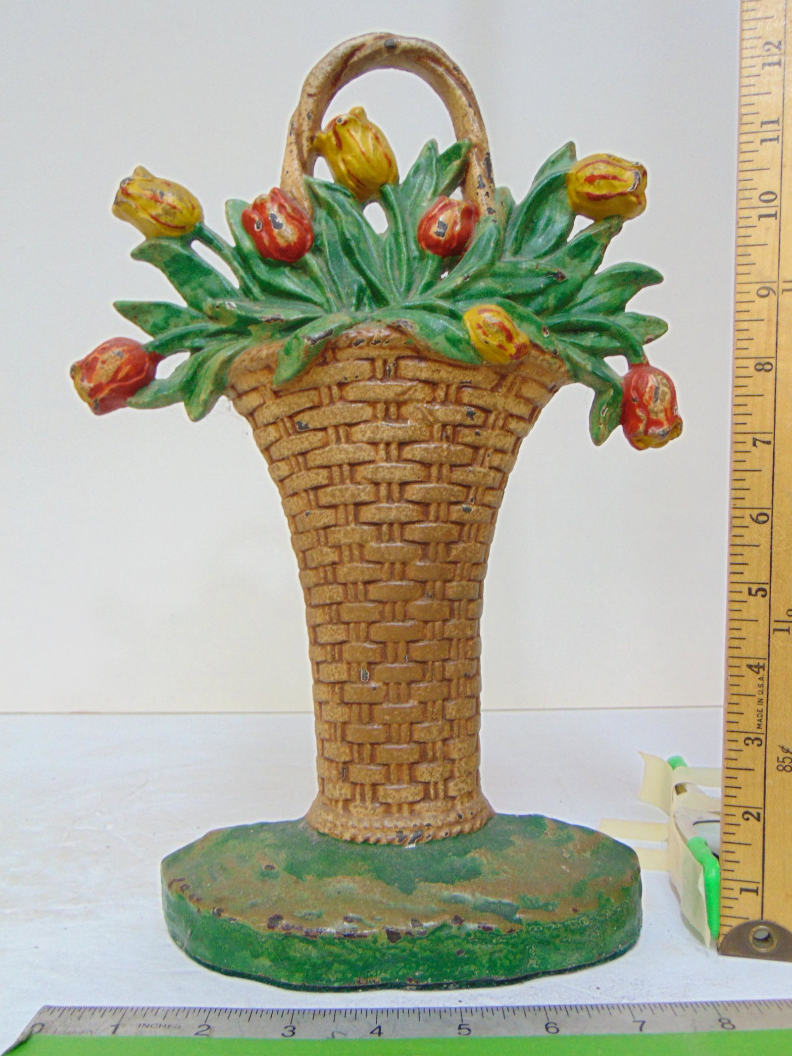 Cast iron flower basket doorstop, tulips in tall basket weave vase, 13: tall. (1 of 4)