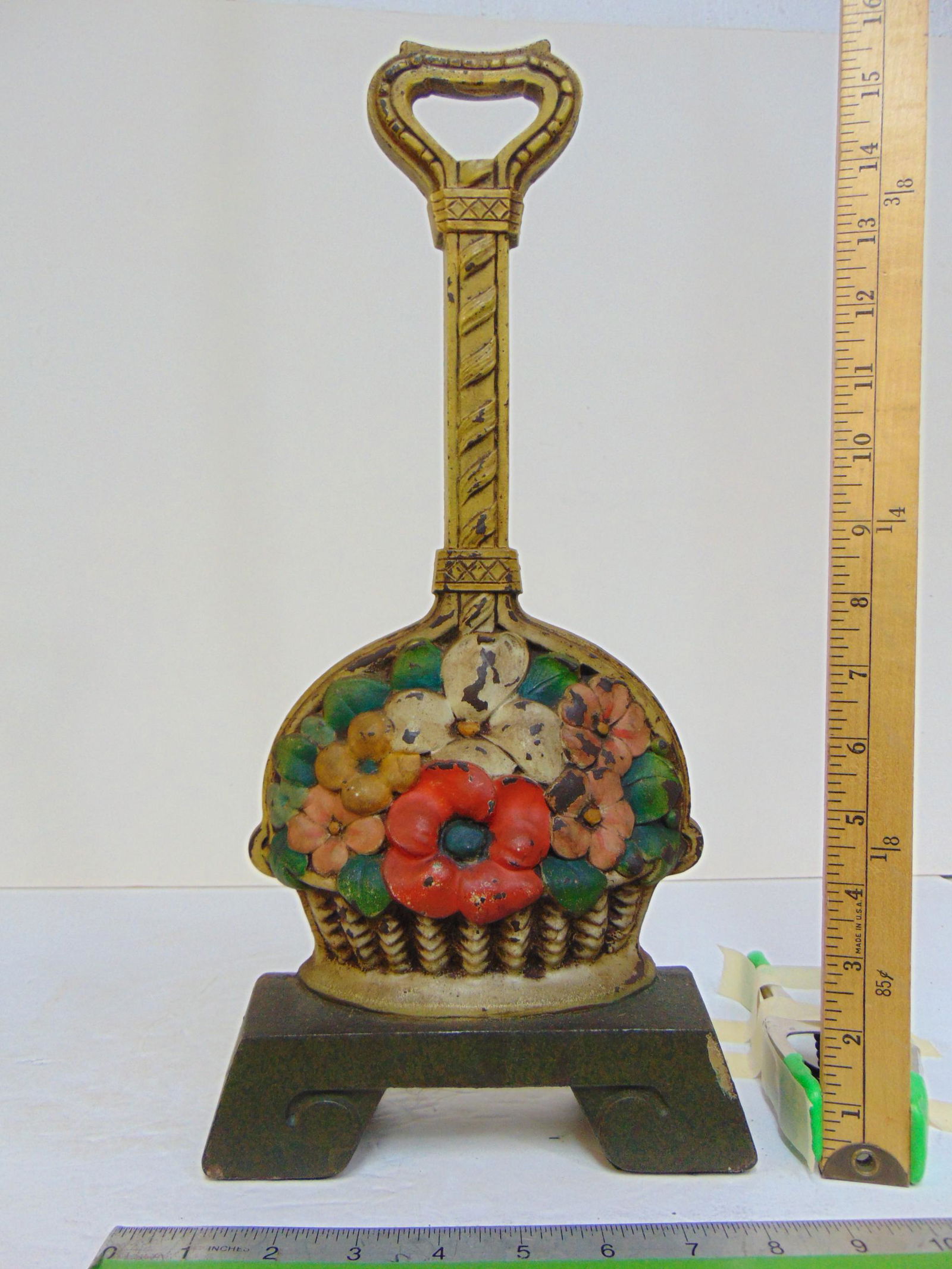 Large cast iron flower basket doorstop with single handle, #1260, height is 16.25" (1 of 5)