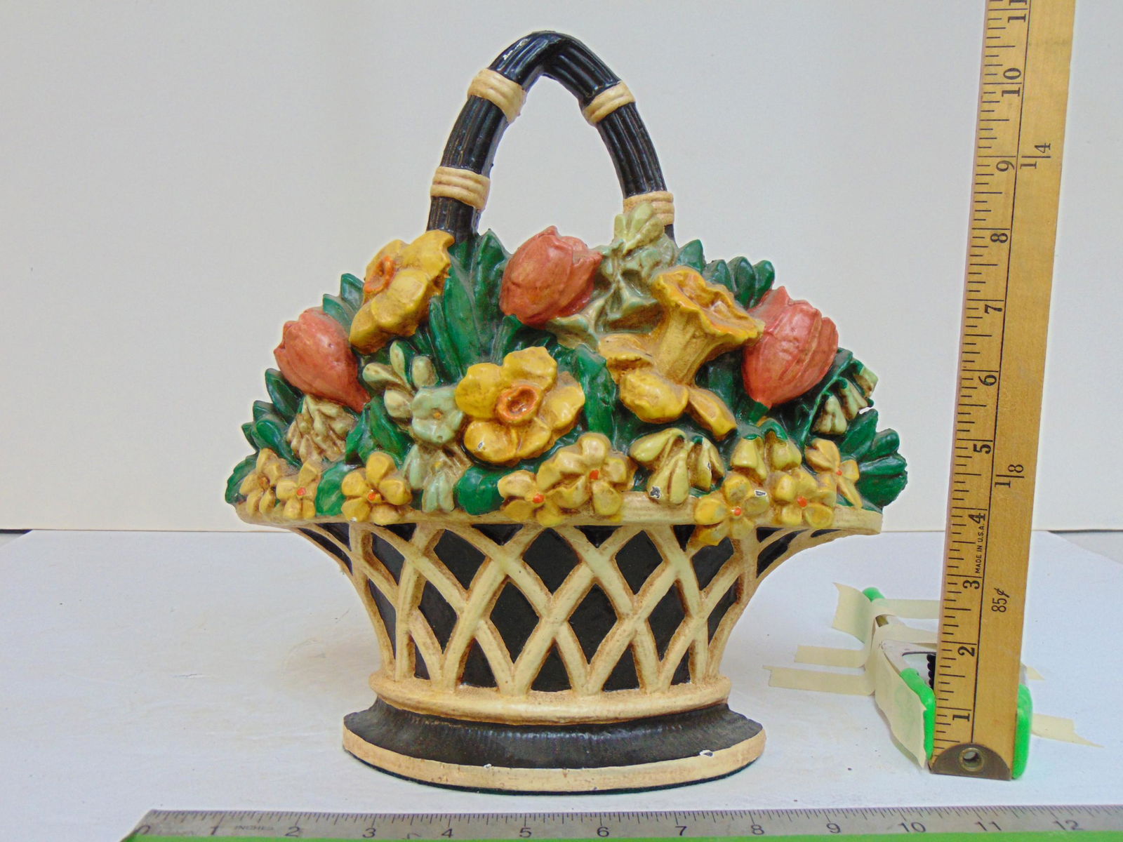 Cast iron flower basket doorstop, daffodils & tulips, height is 11" (1 of 4)