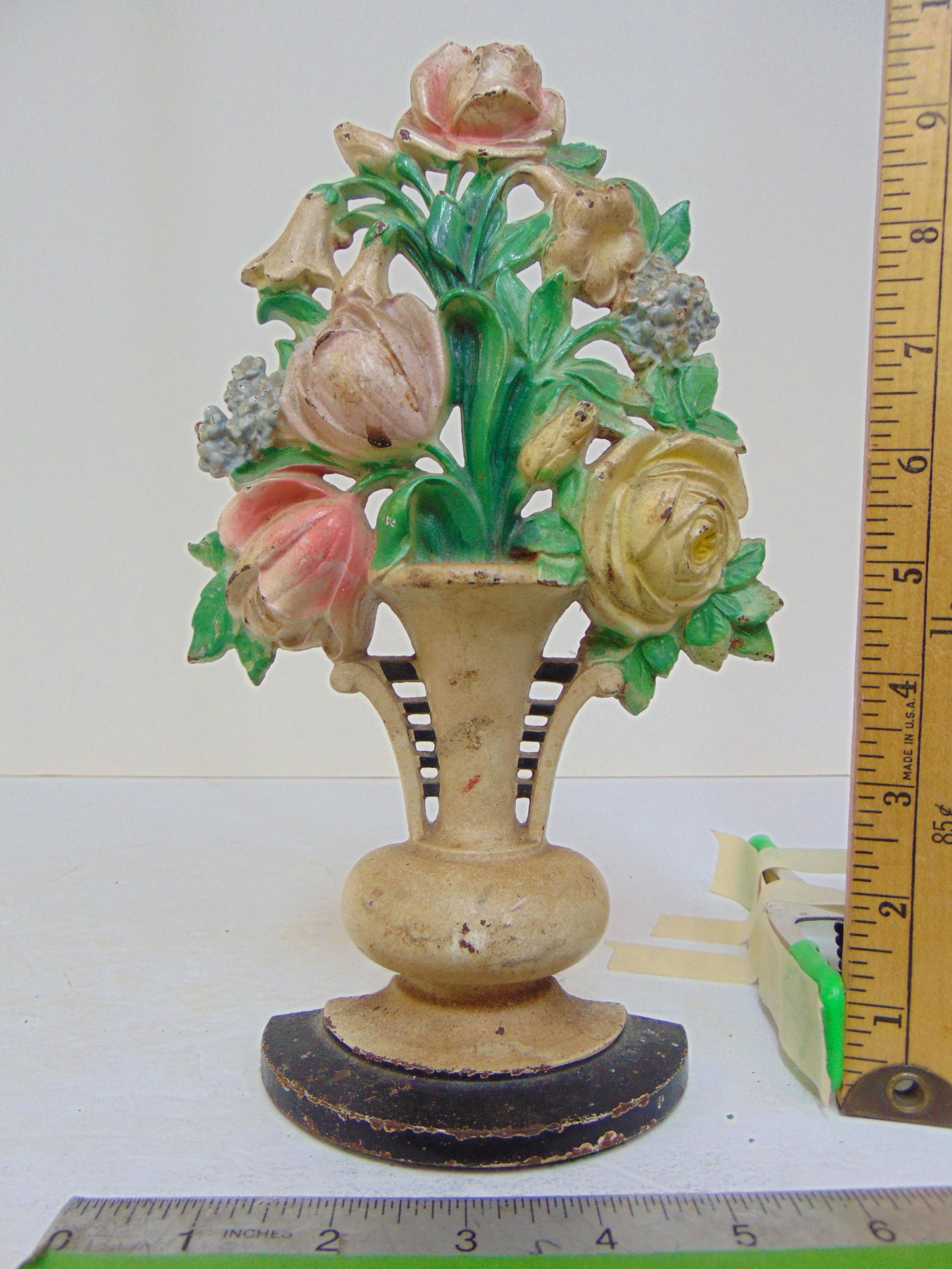 Hubley cast iron floral doorstop, #465, pastel flowers, roses in vase, height is 10.25" (1 of 5)