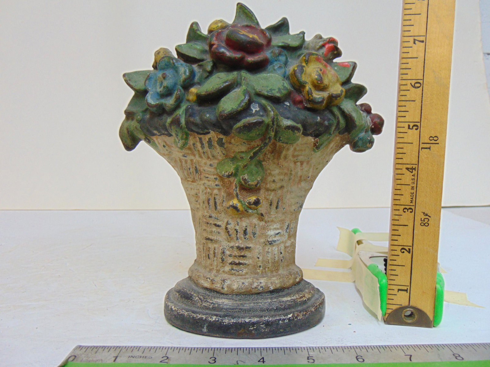 Cast iron flower basket doorstop, flowers in white vase, height is 8 1/8" (1 of 4)